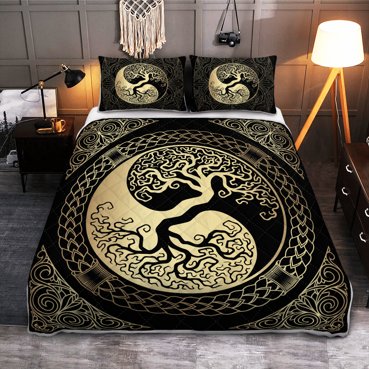 Viking Quilt Bedding Set YIN YANG YGGDRASIL TREE OF LIFE