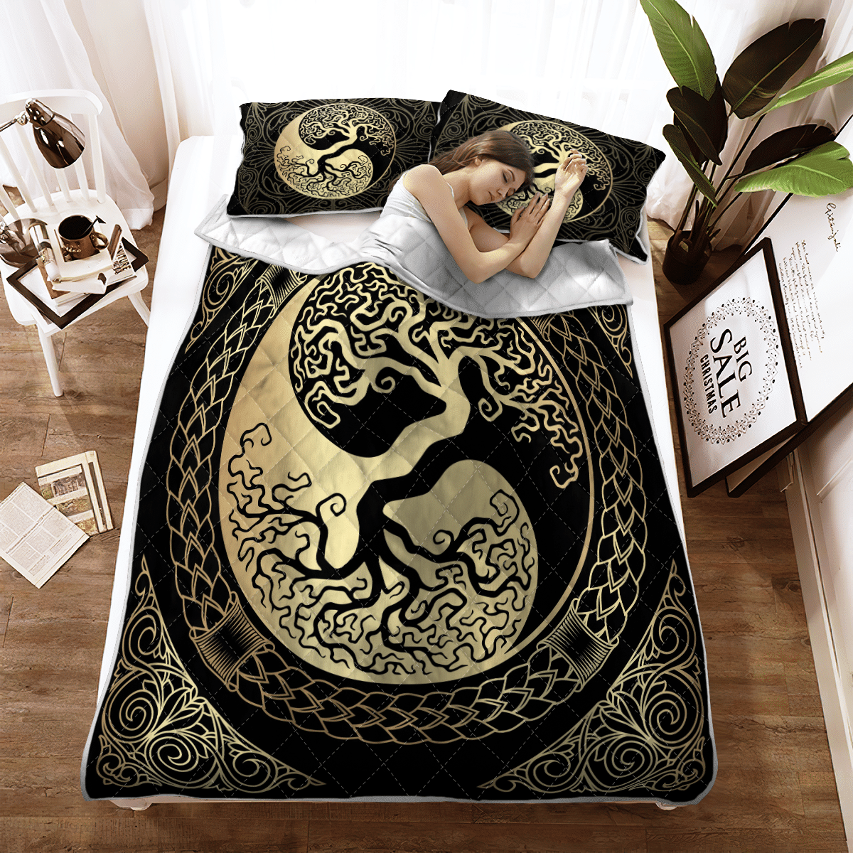 Viking Quilt Bedding Set YIN YANG YGGDRASIL TREE OF LIFE