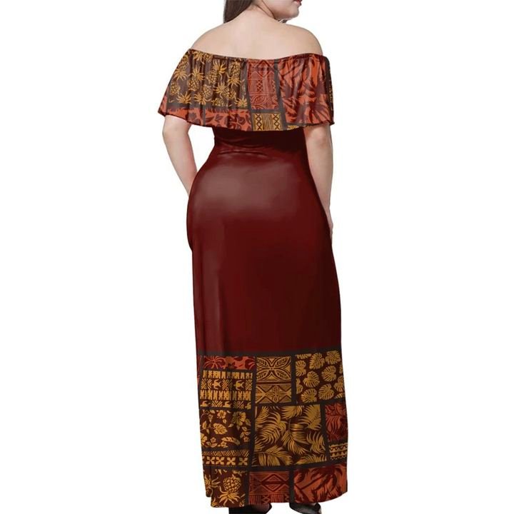 Fiji Tapa Mix Off Shoulder Long Dress