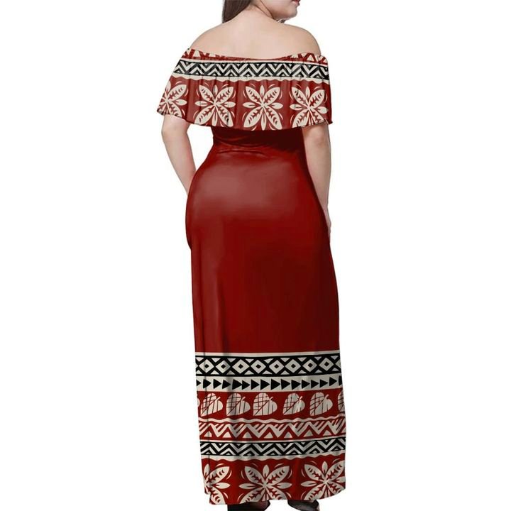 Fiji Ancient Tropical Pattern Off Shoulder Long Dress