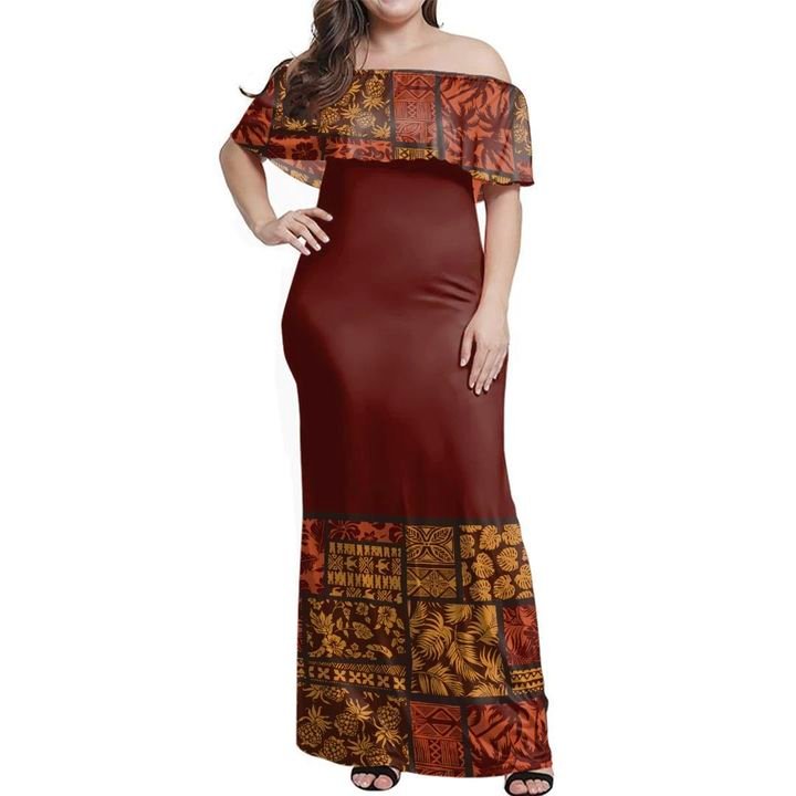 Fiji Tapa Mix Off Shoulder Long Dress