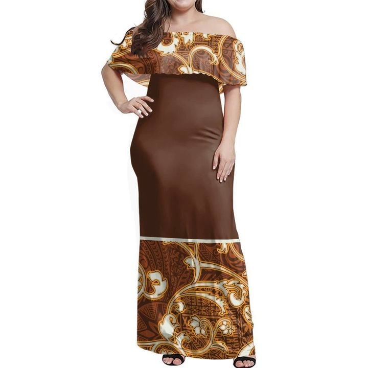 Fiji Bula Dress - Tapa Royal Off Shoulder Long Dress