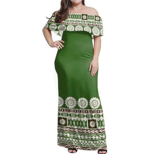 Fiji Bula Dress - Tapa Green Off Shoulder Long Dress