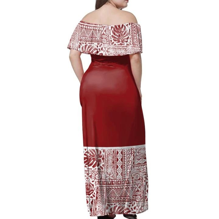 Fiji Tapa Monstera Off Shoulder Long Dress