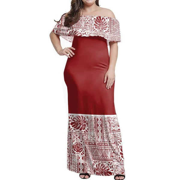 Fiji Tapa Monstera Off Shoulder Long Dress