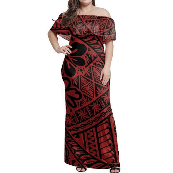 Tonga Kupesi Ngatu Off Shoulder Long Dress