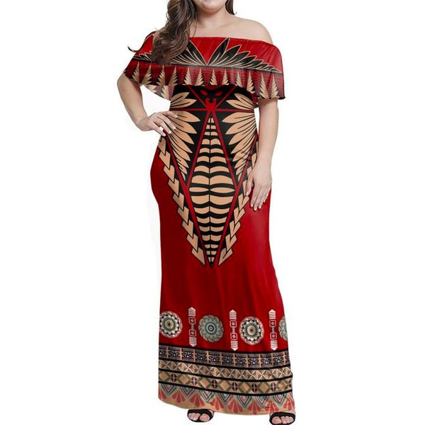 Tonga Ngatu Design Off Shoulder Long Dress