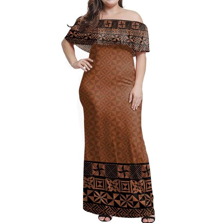 Tonga Ngatu Style Off Shoulder Long Dress