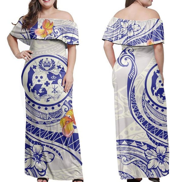 Tropical Leaf Tonga Coat Of Arms Polynesia Blue Off Shoulder Long Dress