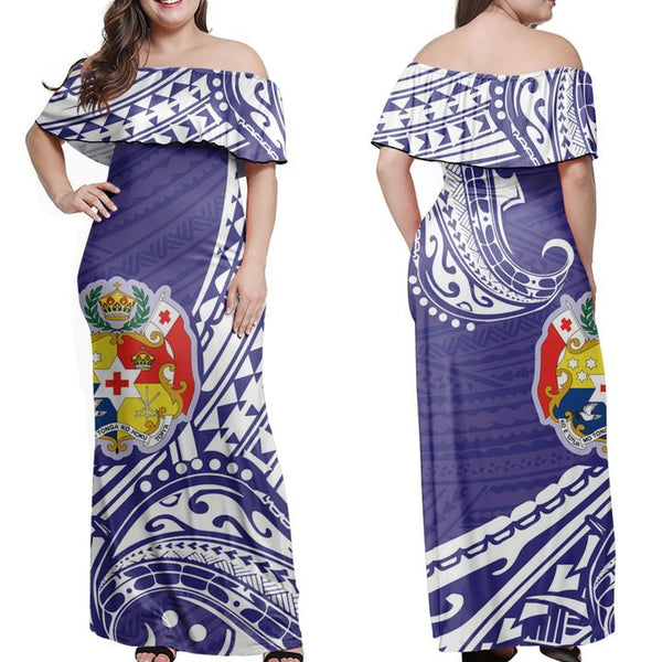 Sila Tonga Polynesian Pattern Blue Off Shoulder Long Dress
