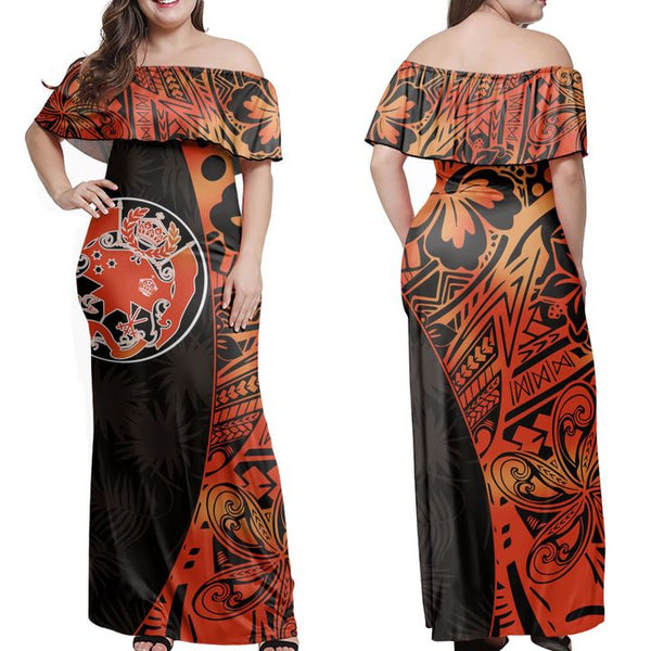 Tropical Leaf Tonga Coat Of Arms Polynesia Red Off Shoulder Long Dress