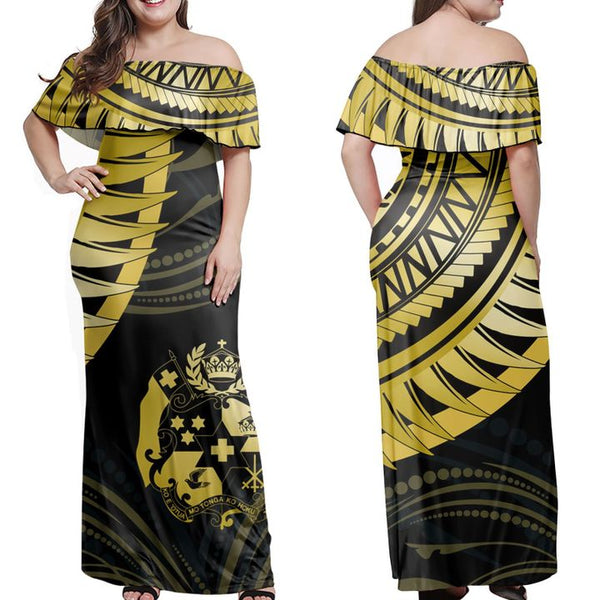 Sila Tonga Polynesian Wing Gold Off Shoulder Long Dress