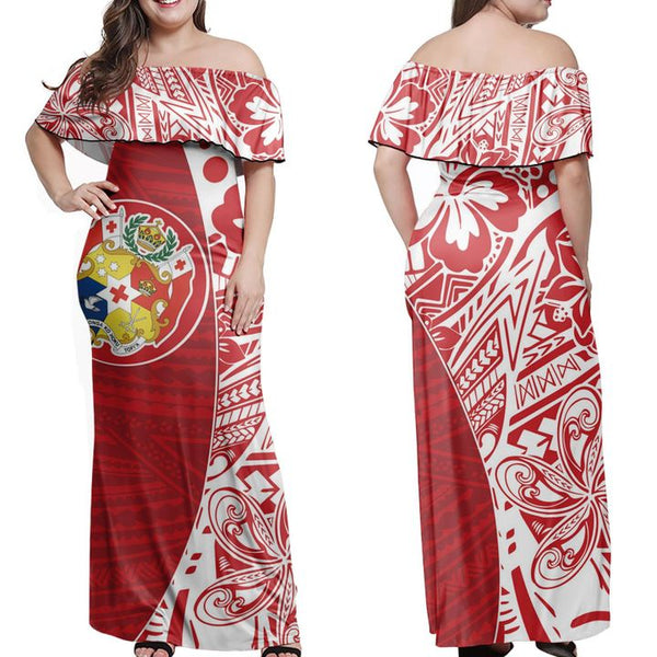Sila Tonga Hibiscus Polynesian Pattern Red Off Shoulder Long Dress
