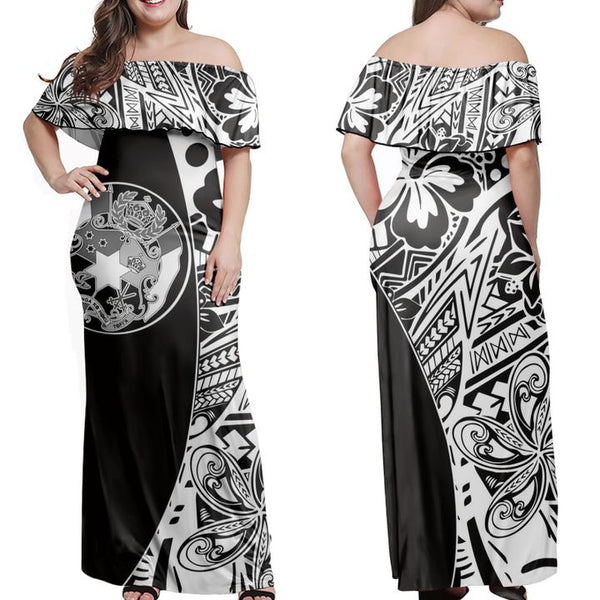 Sila Tonga Hibiscus Polynesian Pattern Off Shoulder Long Dress