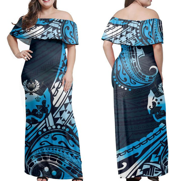 Sila Tonga Polynesian Pattern Turquoise Off Shoulder Long Dress