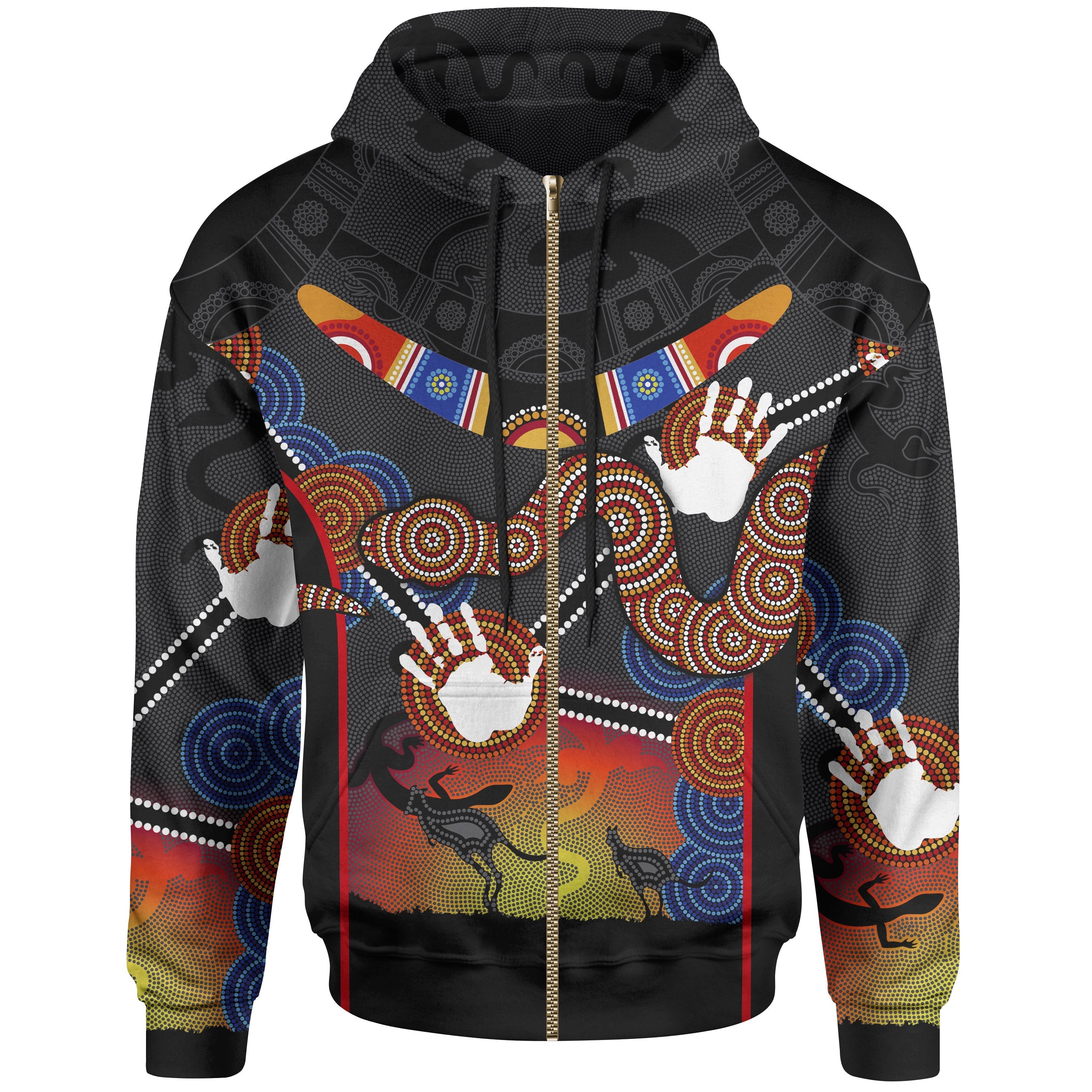 (Kid) Aboriginal Zip Hoodie - Australian Boomerang and Snake Indigenous Art