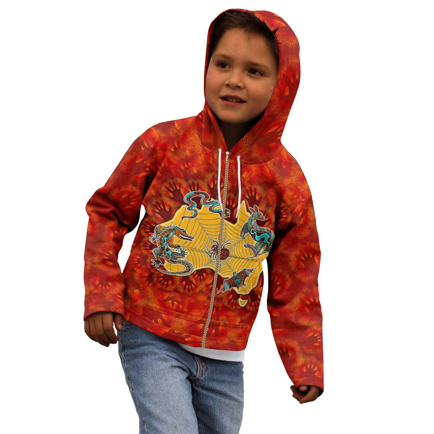 Aboriginal Kid Zip Hoodie - Australia Map Hand Patterns Spider Web