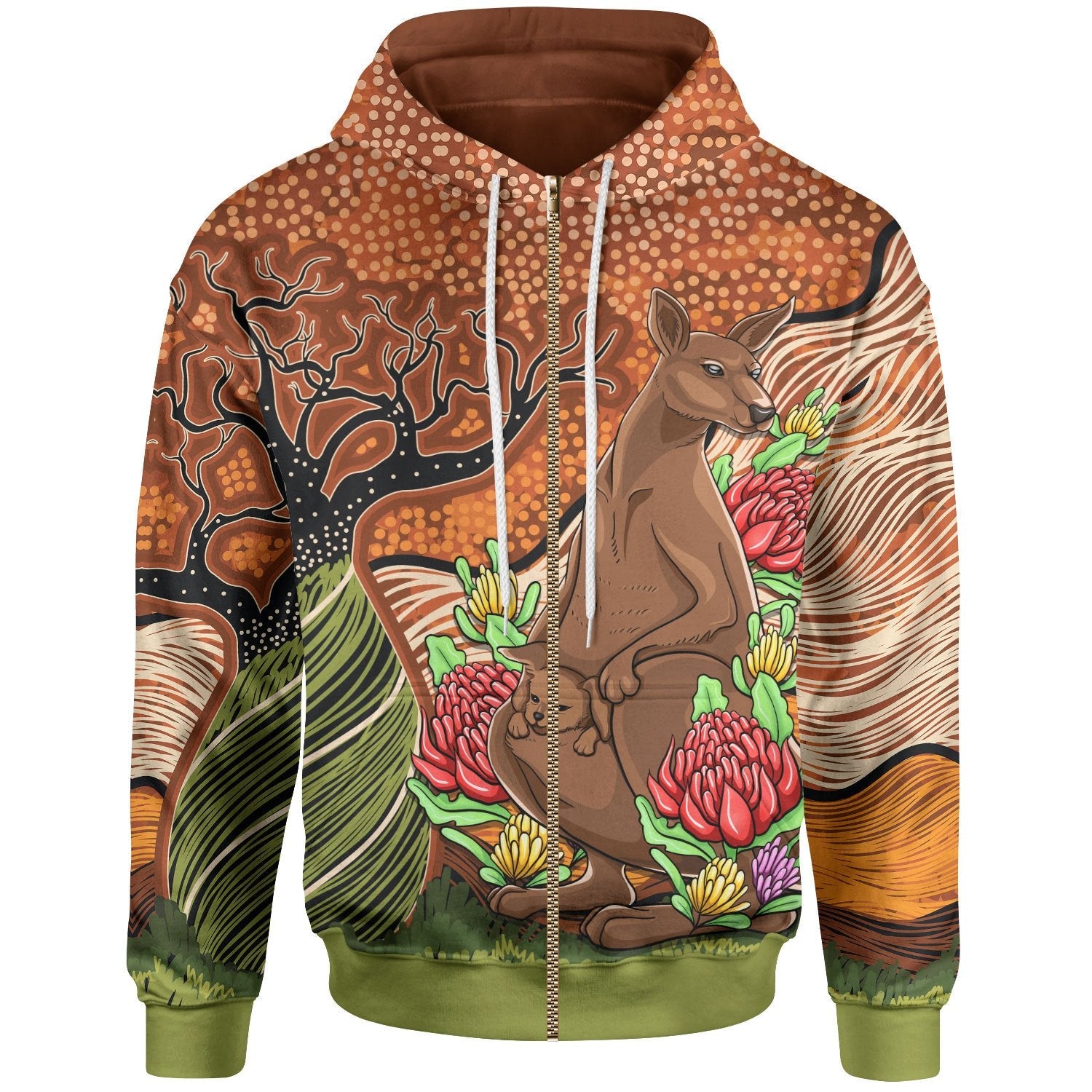 Aboriginal Zip Hoodie - Kangaroo With Indigenous Tree