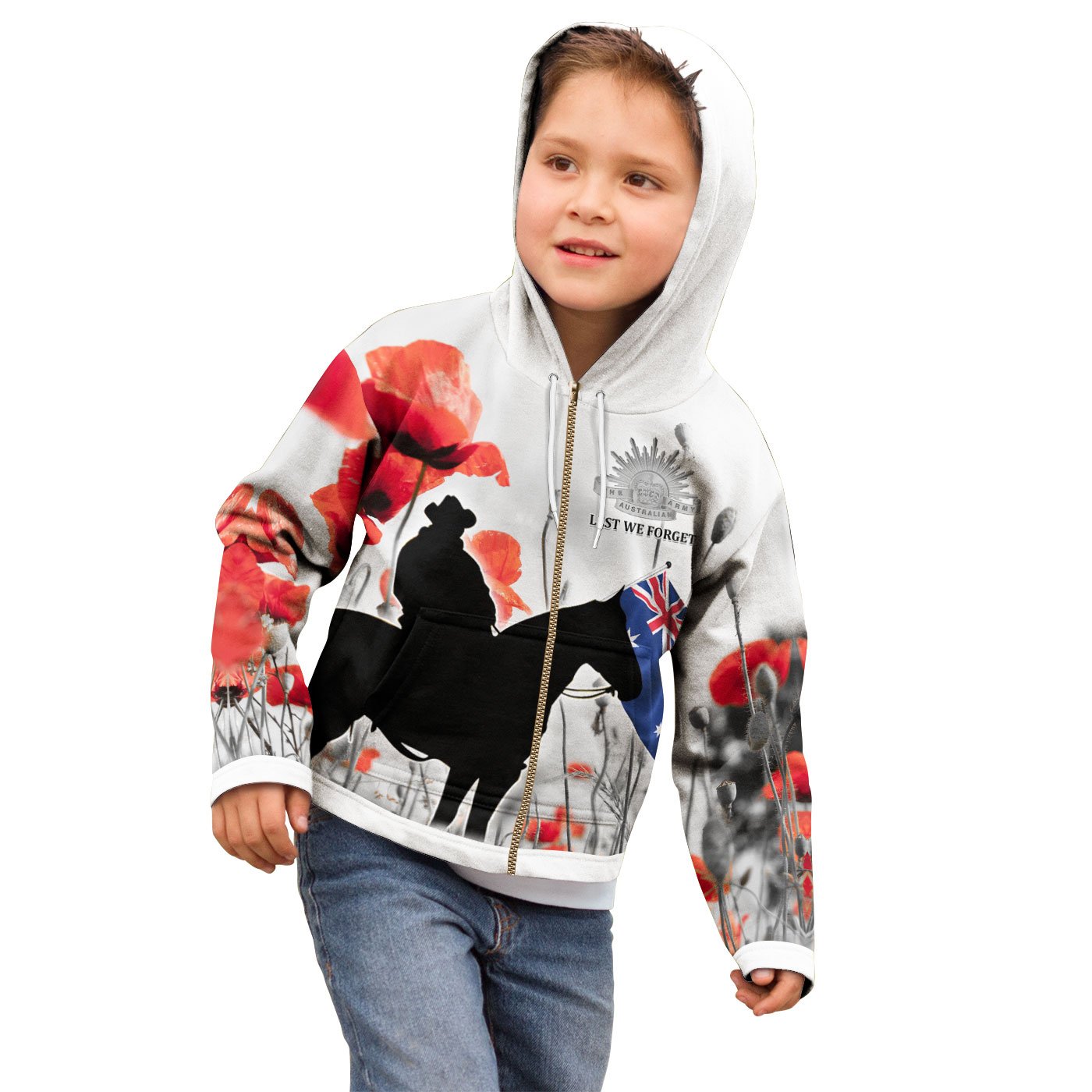 Anzac Lest We Forget Zip Up Kid Hoodie - Australian Light Horse