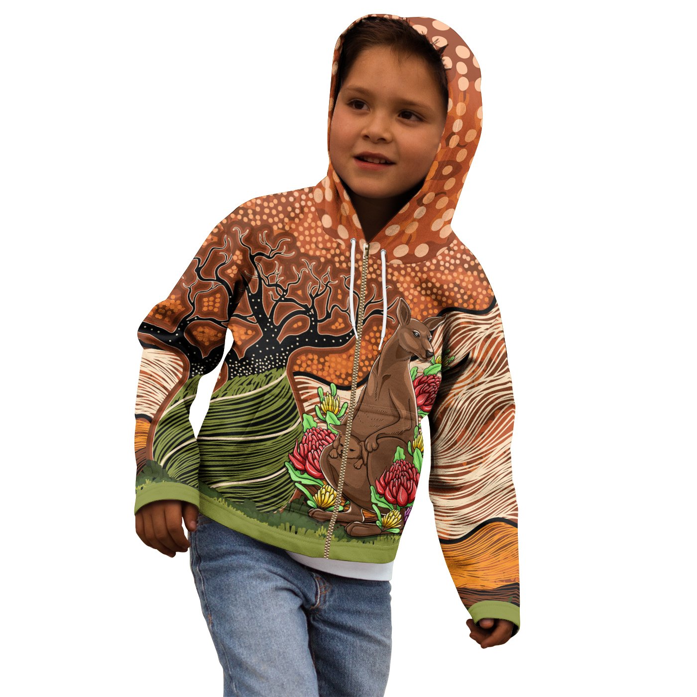 Aboriginal Zip Hoodie - Kangaroo With Indigenous Tree