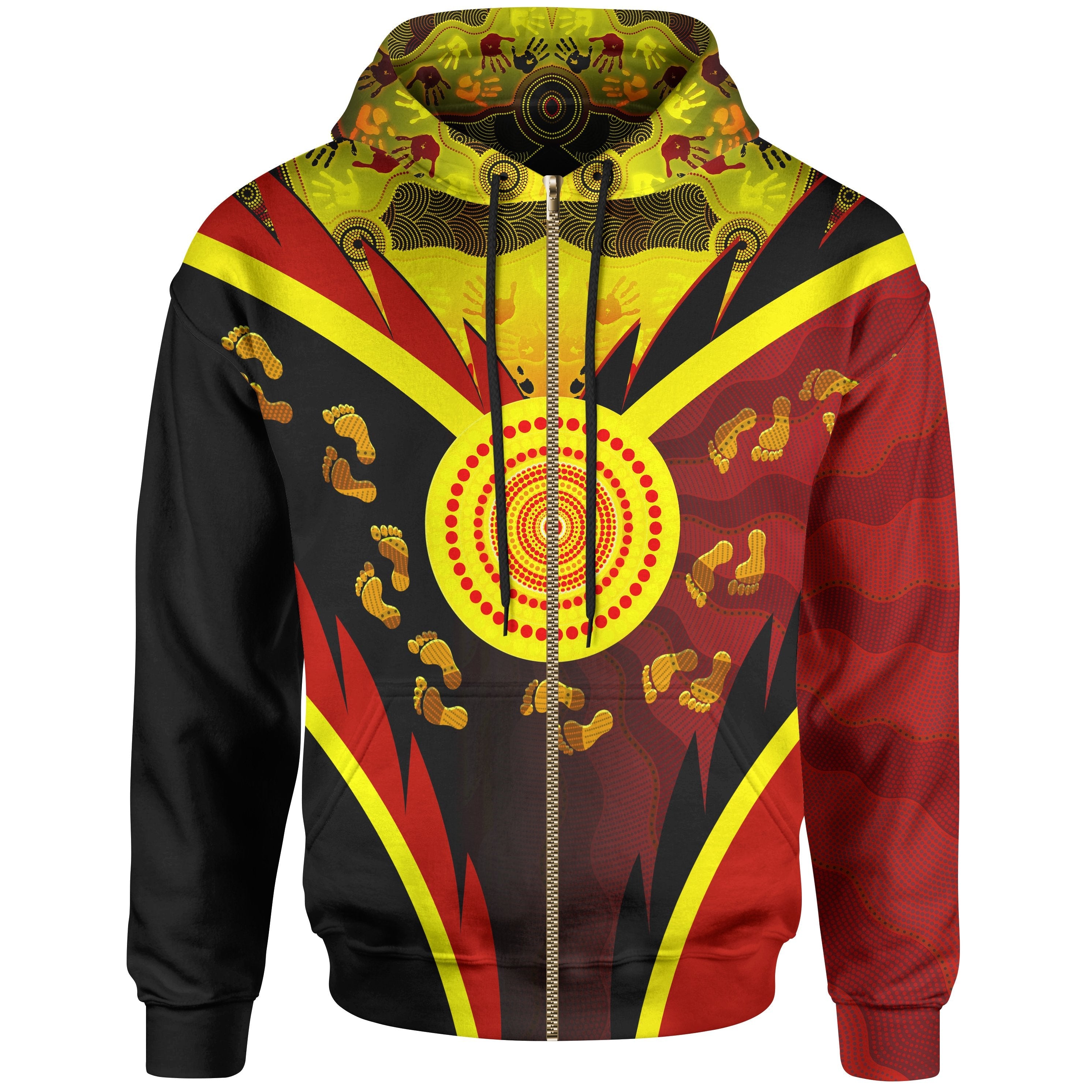 Aboriginal Zip Hoodie - Indigenous Flag With Footprint Hand Art