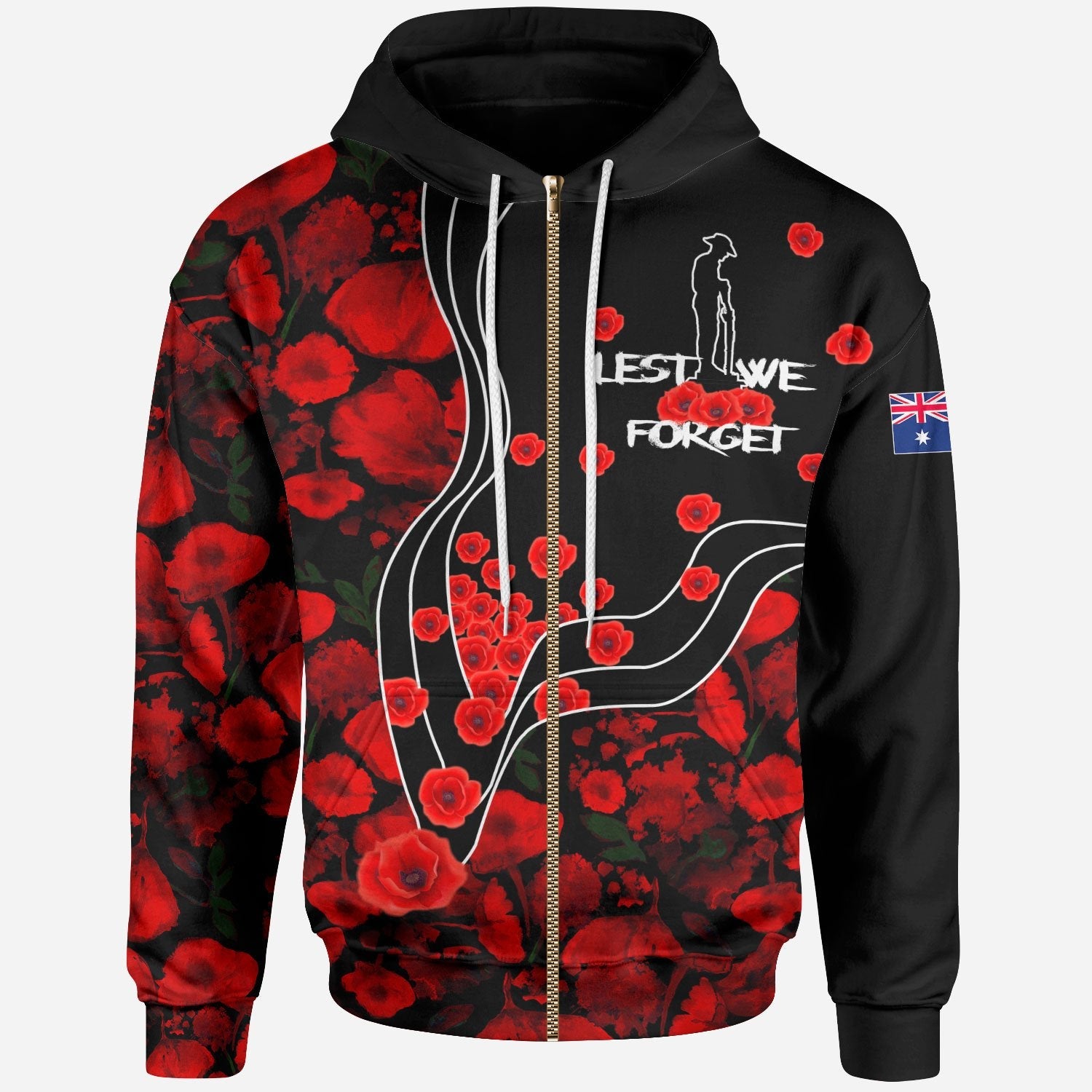 Anzac Lest We Forget Zip Hoodie - Poppy Flowers