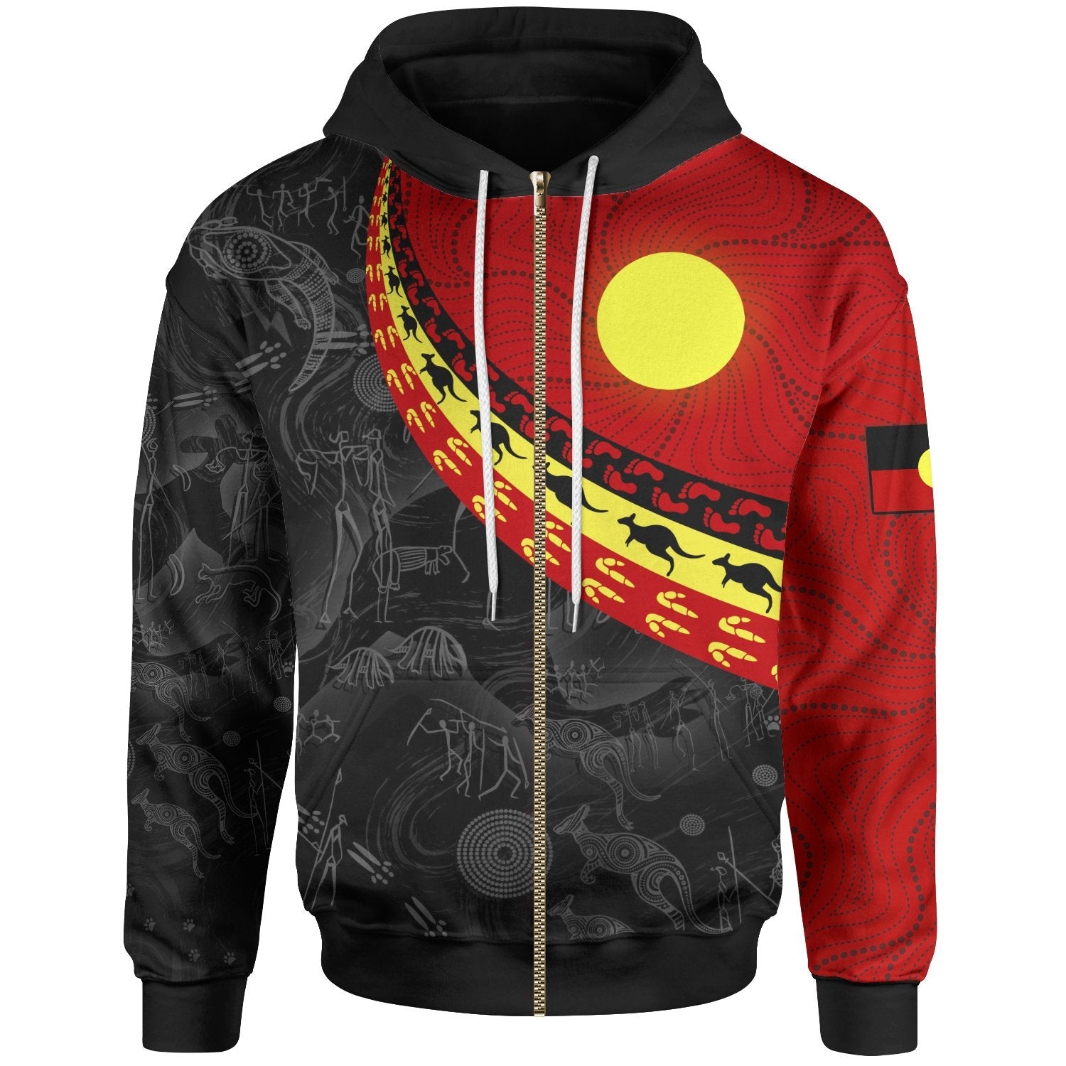 Aboriginal Zip Hoodie - Indigenous Flag Circle Dot Painting