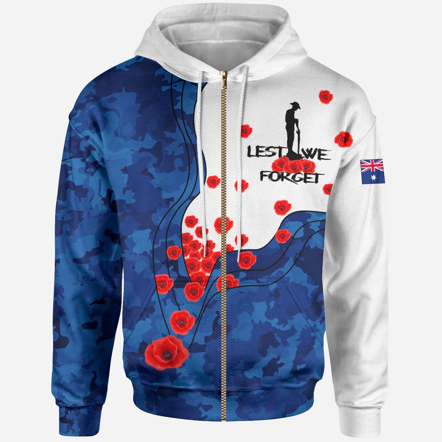 Anzac Lest We Forget Zip Hoodie - Australian Flag Color