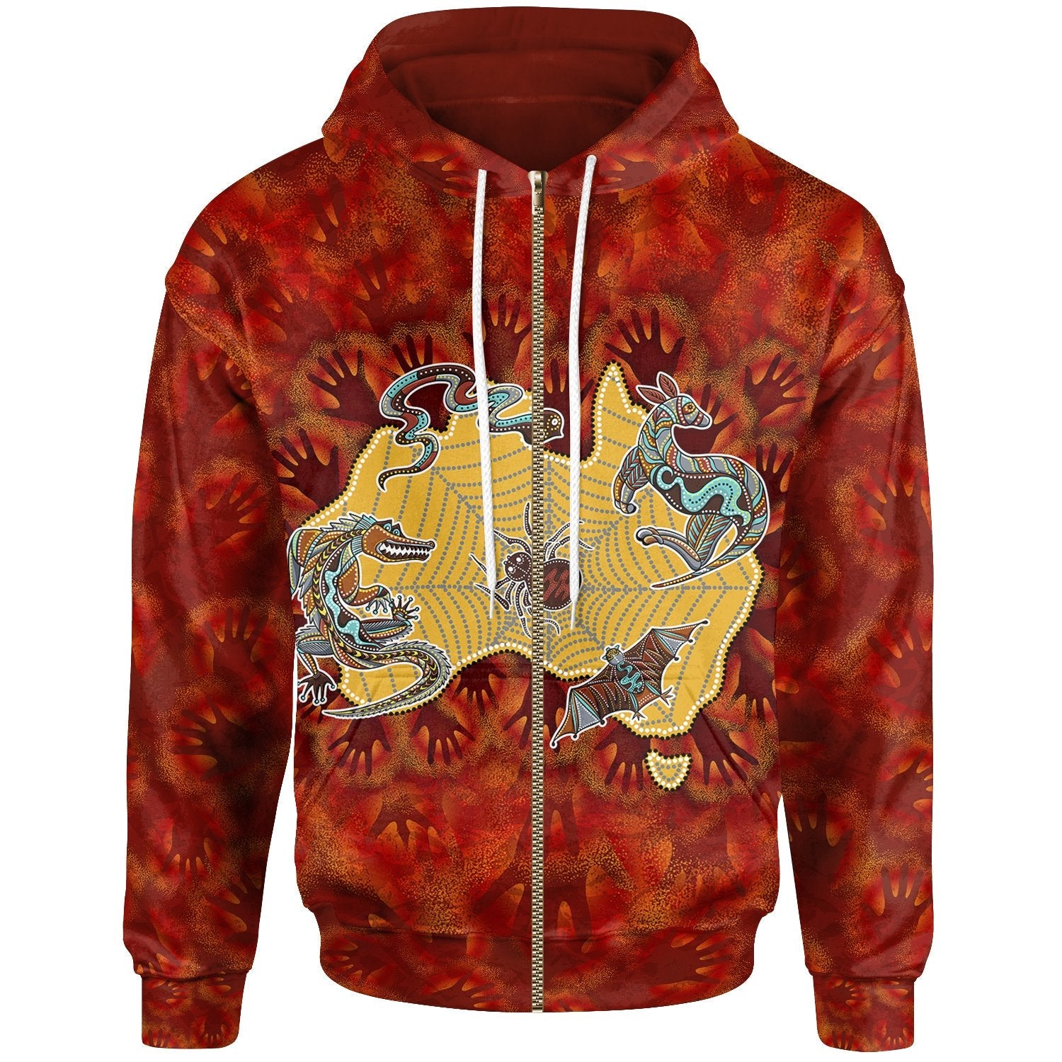 Aboriginal Zip Hoodie - Australia Map Hand Patterns Spider Web