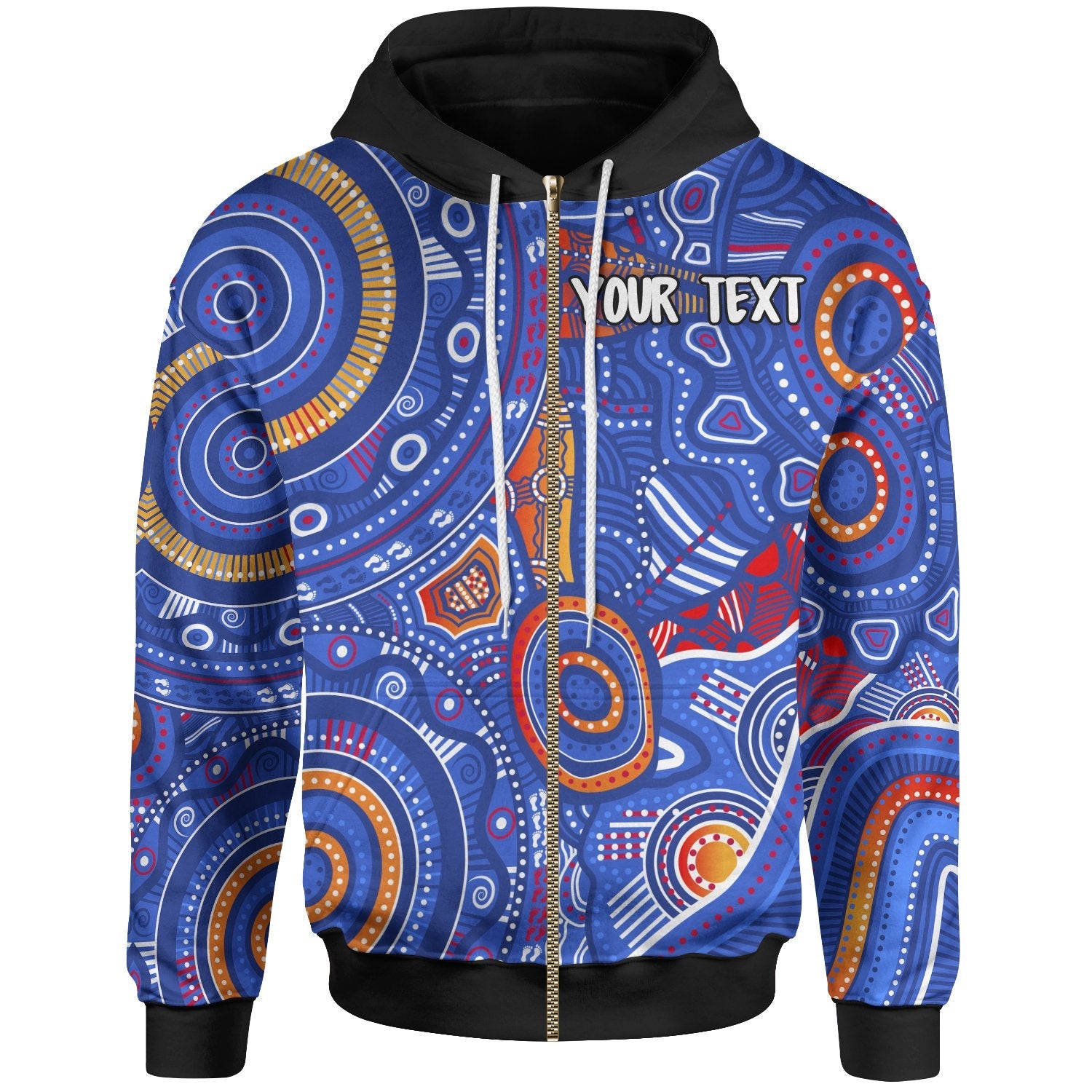 (Custom Text) Aboriginal Zip Hoodie - Indigenous Footprint Patterns Blue Color