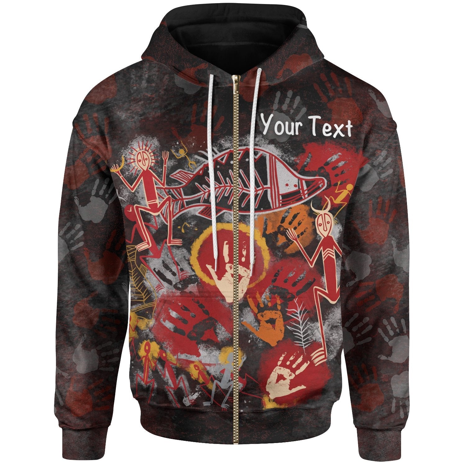 (Custom) Aboriginal Zip Hoodie - Indigenous Fish Hand Art