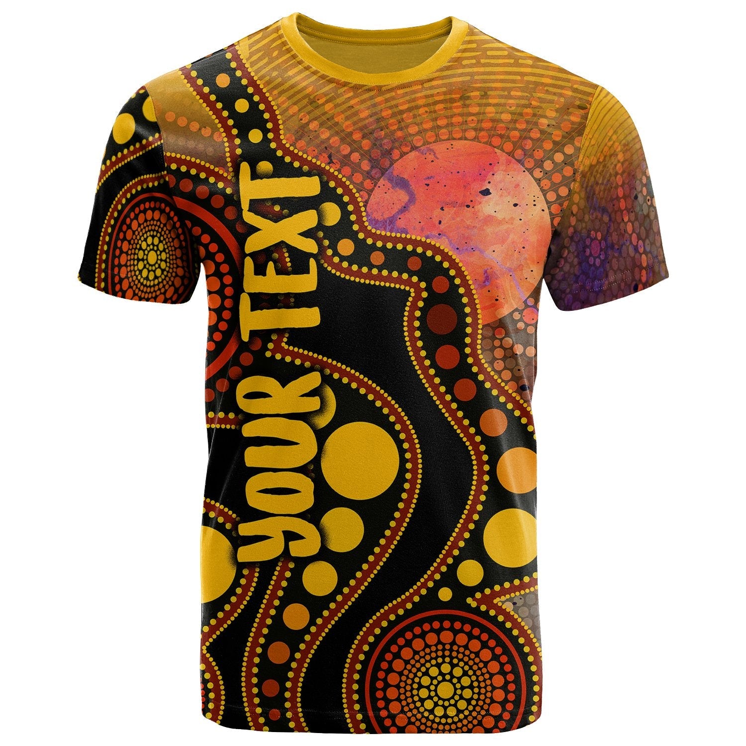 (Custom Text) Aboriginal TShirt - Australia Indigenous Flag Circle Dot Painting Art (Golden)