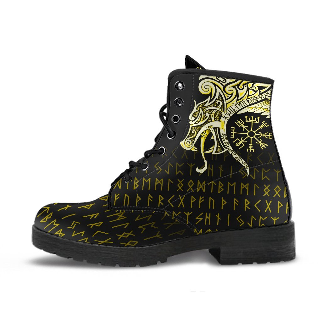 Viking Leather Boots Fenrir Raven And Vegvisir Tattoo Yellow