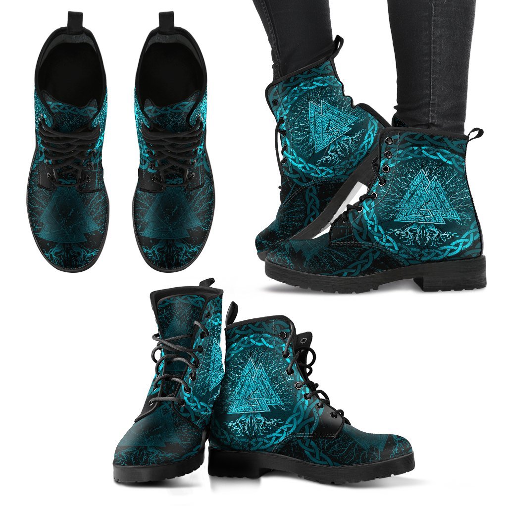 Viking Leather Boots Celtic And Valknut and Tree of Life Yggrdrasil Cyan Style