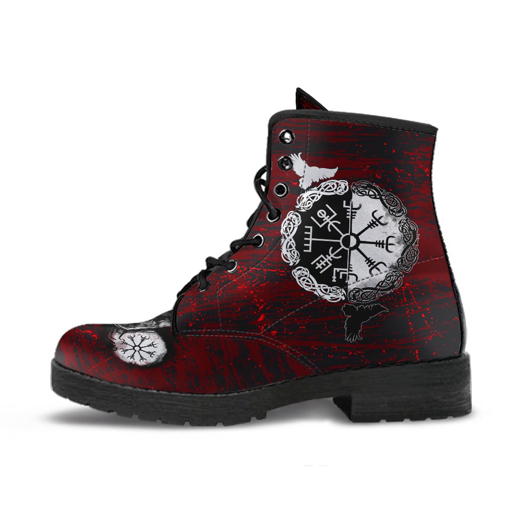 Viking Leather Boots Raven of Odin and Symbol on Blood Background Style Ver01