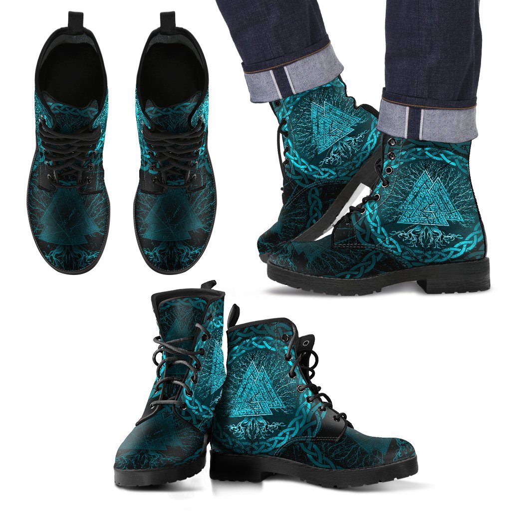 Viking Leather Boots Celtic And Valknut and Tree of Life Yggrdrasil Cyan Style