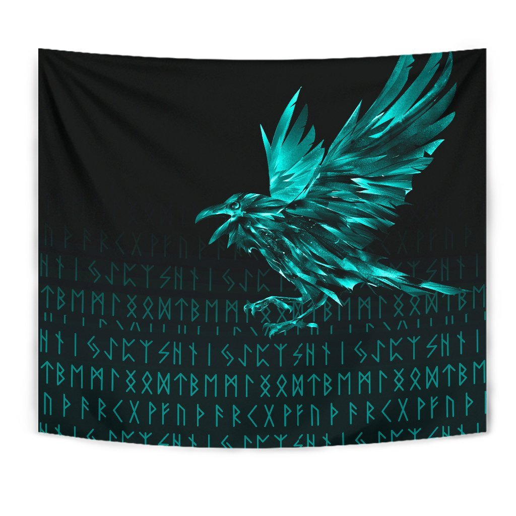 Viking Tapestry The Raven Of Odin Rune Cyan