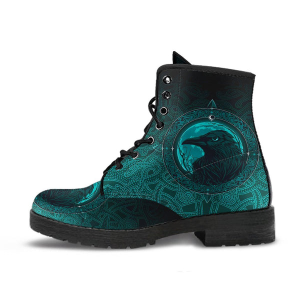 Viking Leather Boots Ethnic Odin Raven Cyan