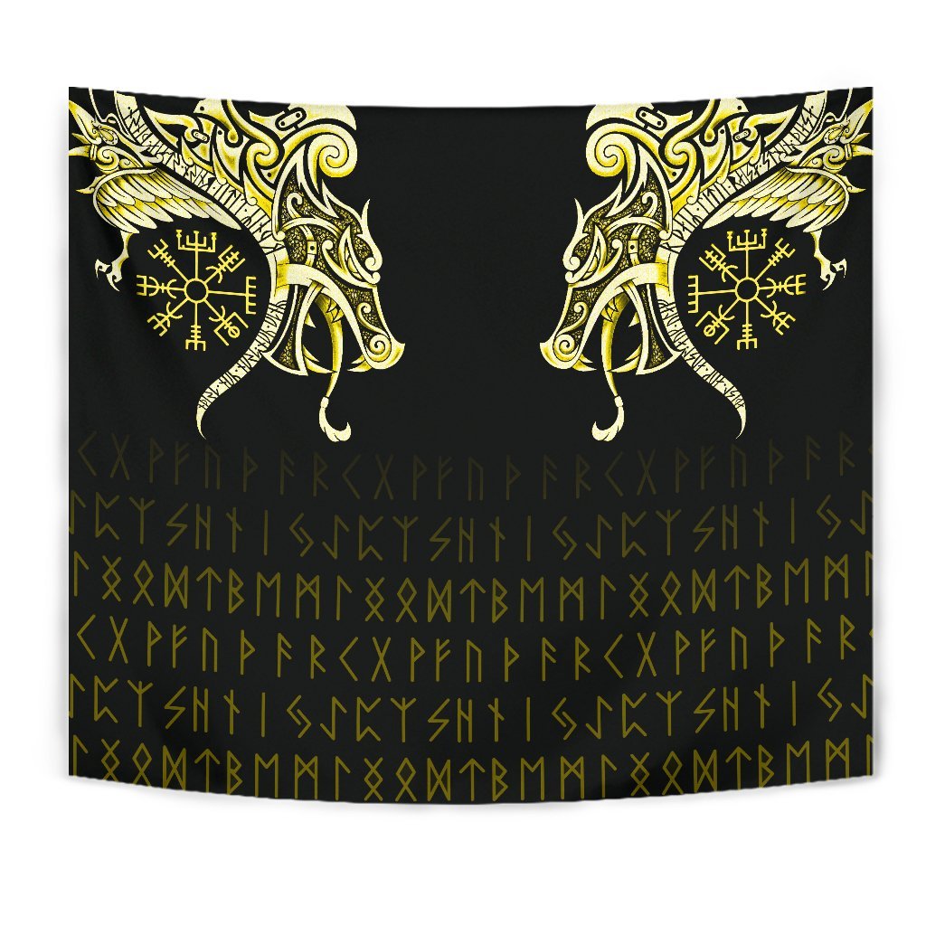 Viking Tapestry Fenrir Raven And Vegvisir Tattoo Yellow