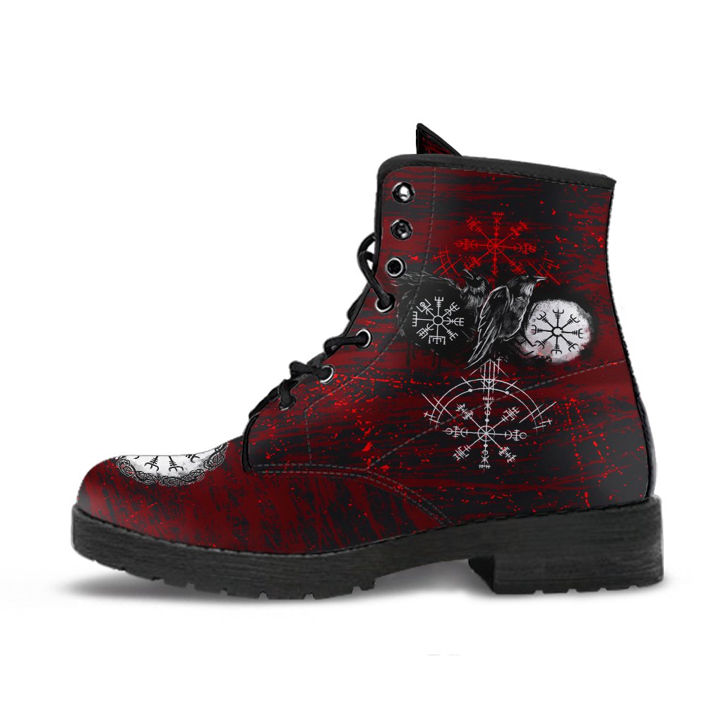 Viking Leather Boots Raven of Odin and Symbol Viking on Blood Background Ver02