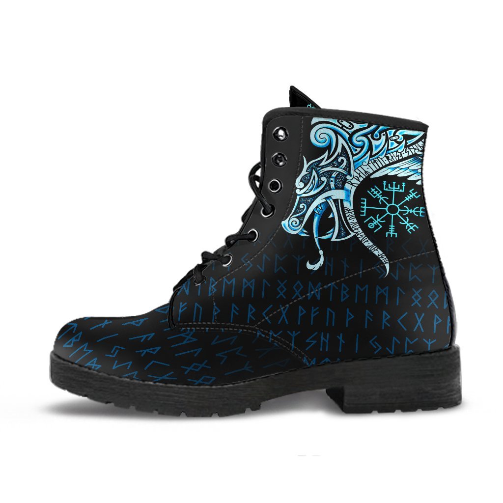 Viking Leather Boots Fenrir Raven And Vegvisir Tattoo Cyan