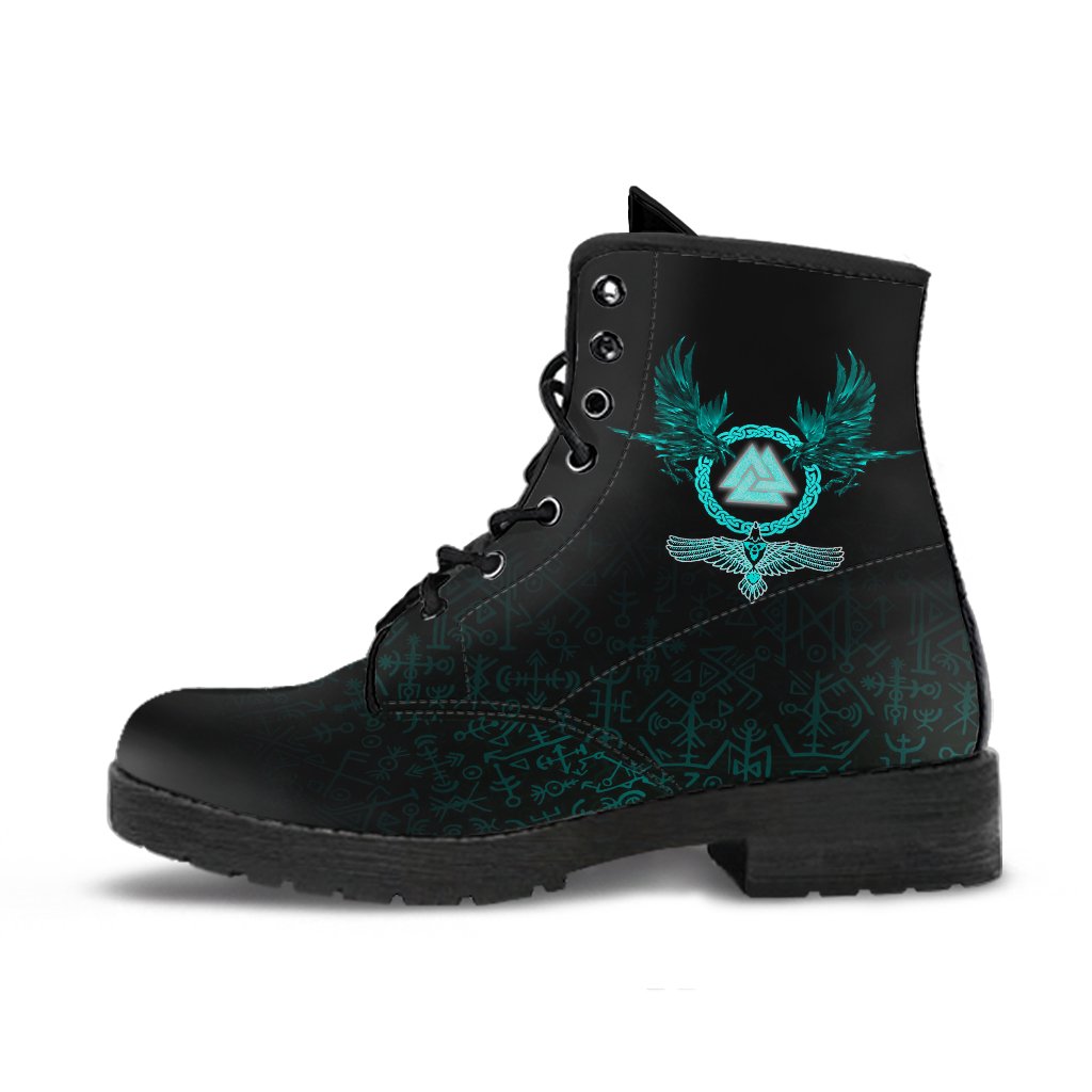 Viking Leather Boots Three Raven and Valknut Cyan