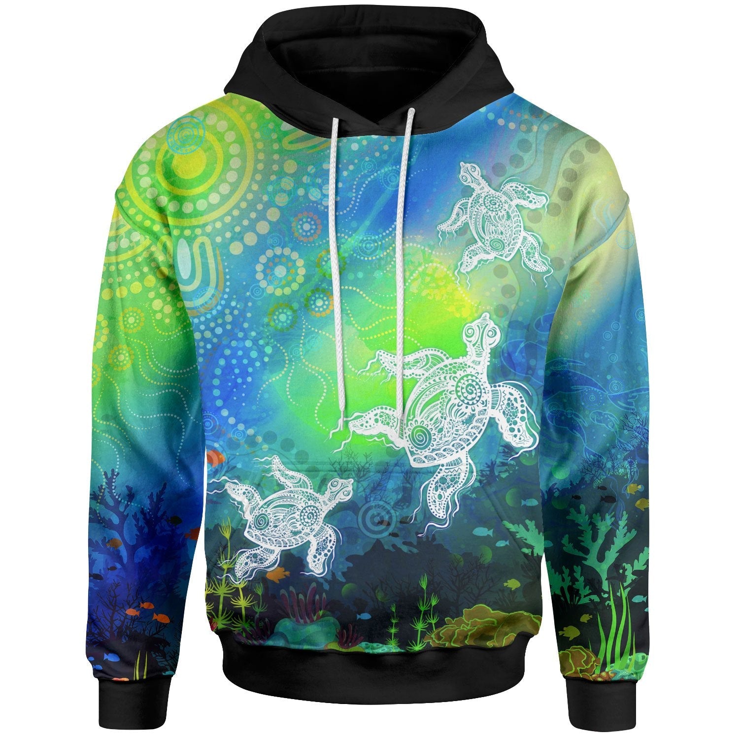 Aboriginal Hoodie - Indigenous Turtle Ocean Dot Painting Art