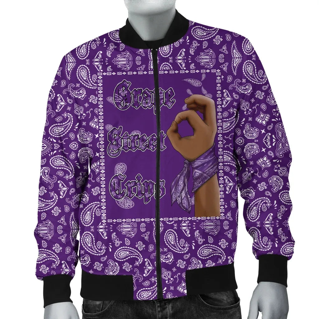 Grape Street Crips Gang Sign Bomber Jacket - Purple Bandana