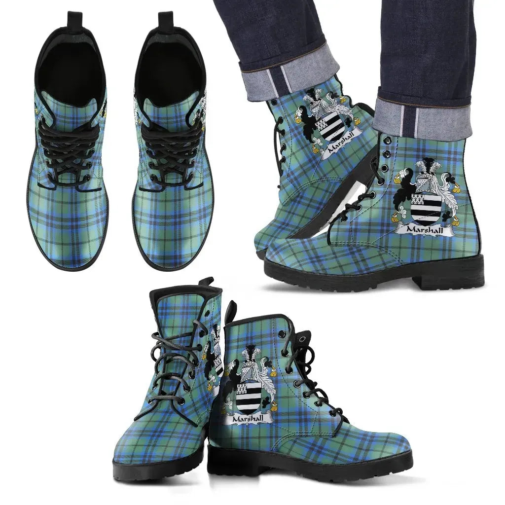 Marshall Clan Leather Boot, Scottish Tartan Marshall Clan Leather Boot Crest Style