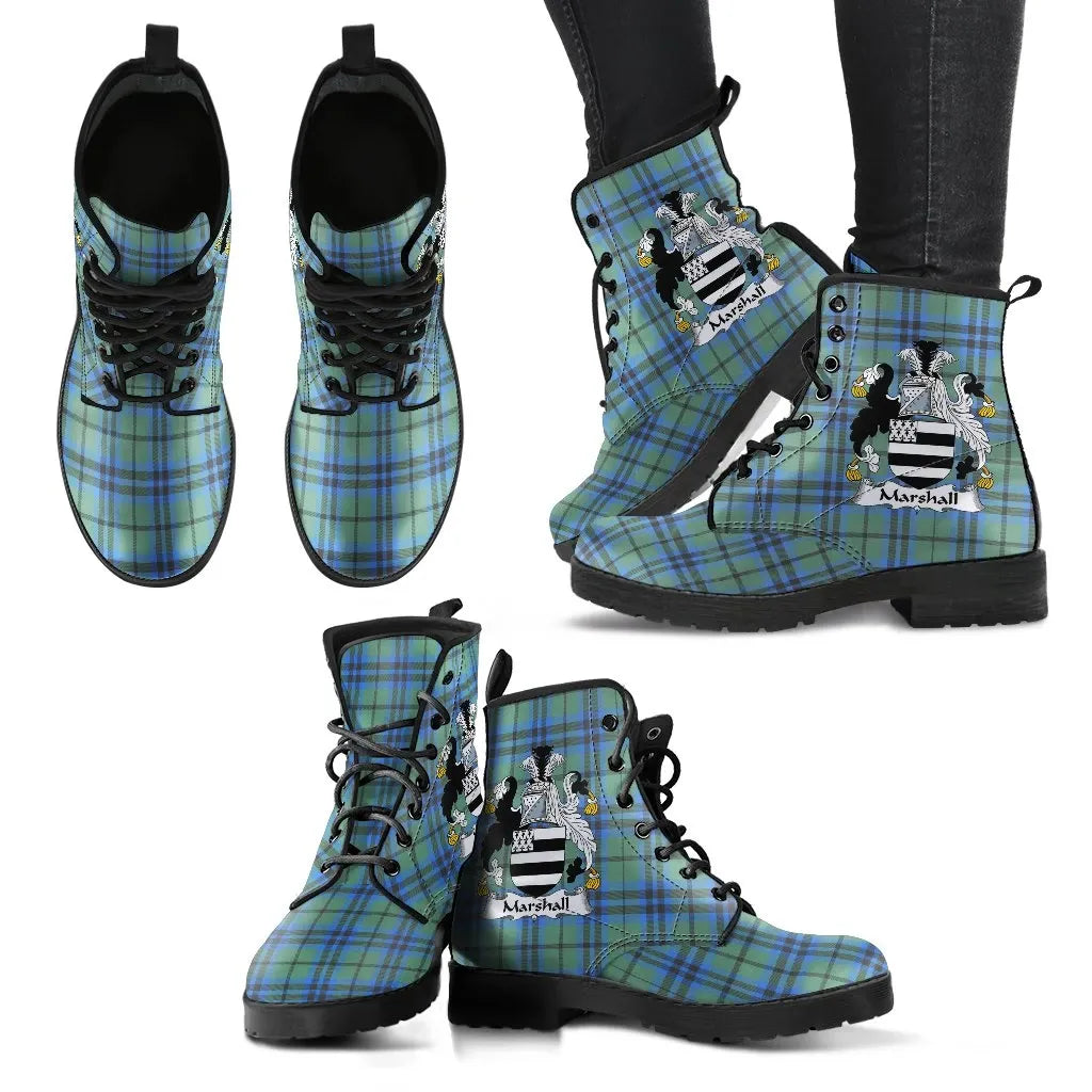 Marshall Clan Leather Boot, Scottish Tartan Marshall Clan Leather Boot Crest Style