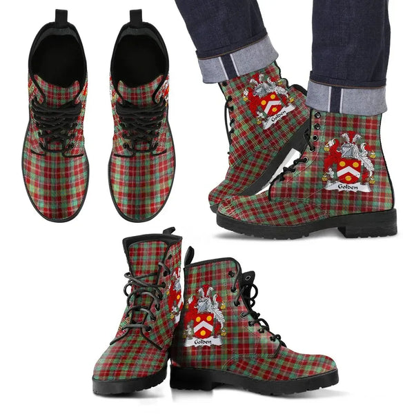 Golden Clan Leather Boot, Scottish Tartan Golden Clan Leather Boot Crest Style