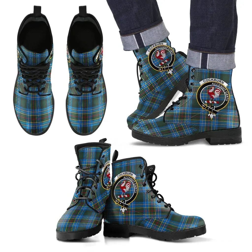 Cockburn Modern Clan Leather Boot, Scottish Tartan Cockburn Modern Clan Leather Boot Crest Style