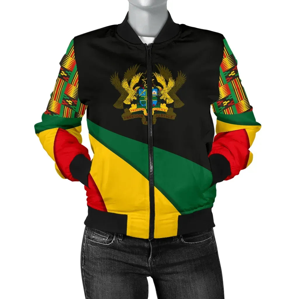 Africa Zone Women's Bomber Jacket - Ghana Flag Kente Women's Bomber Jacket - Bend Style