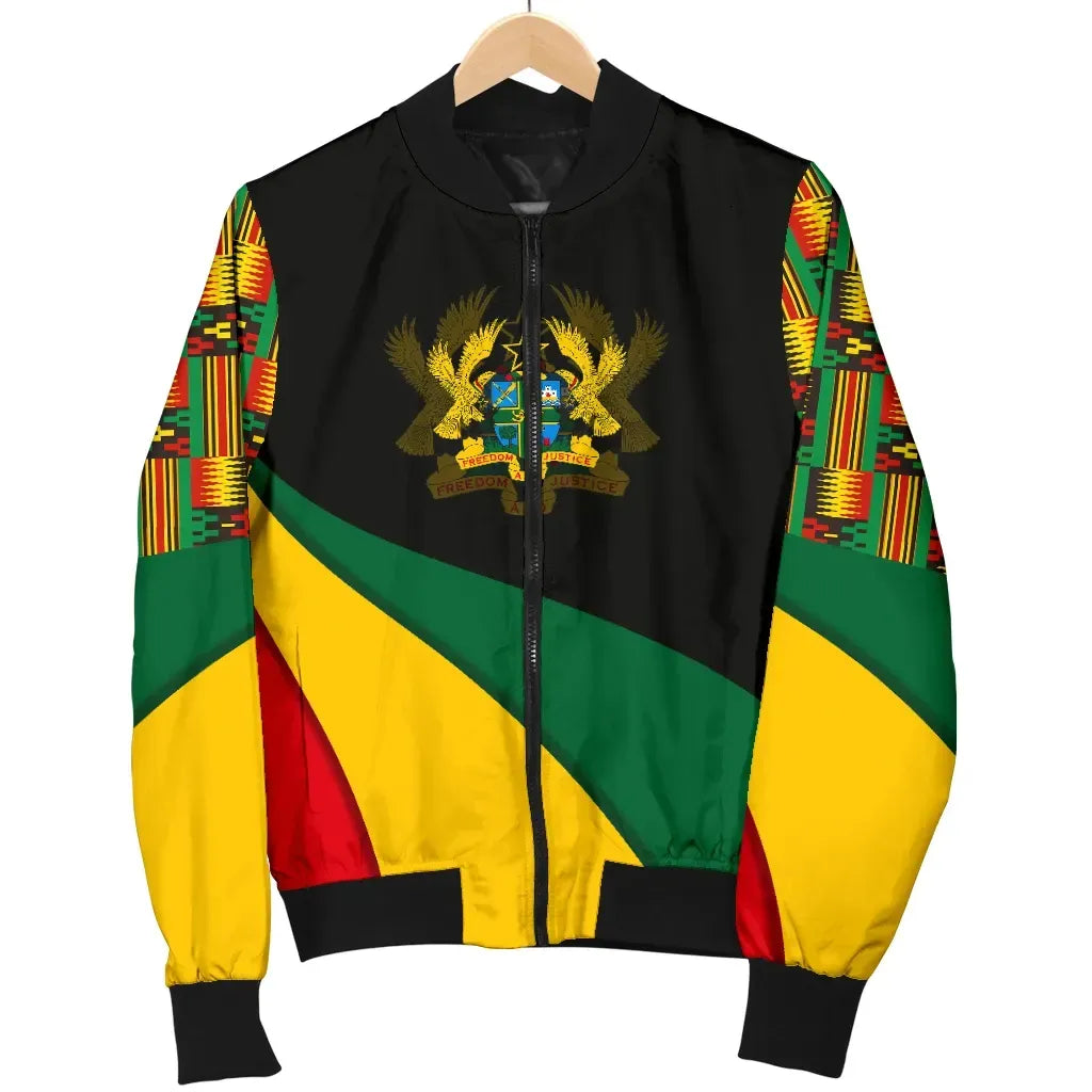 Africa Zone Women's Bomber Jacket - Ghana Flag Kente Women's Bomber Jacket - Bend Style